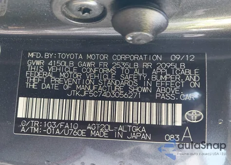 2013 Scion Tc из США, поврежденный, VIN JTKJF5C74D3056271